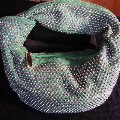 Crystal Knotted Green Faux Leather Handbag with Metal Zipper 1 of 2