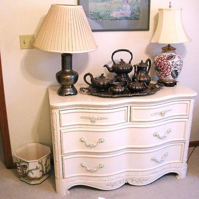 Dixie French Provincial Chest/ Oriental Lamps / Silver Plated Coffee and Tea Service