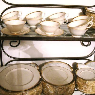 4 Tier Wrought Iron Shelf / Lenox Dishes Set with Storage Bags