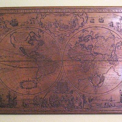 Rare Vintage Engraved Brass World Map Hand Made in England Wall Hanging