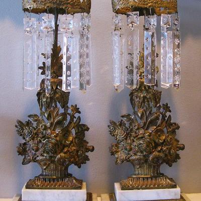Pair of Antique Girandole Brass Crystal Flower Basket Candlesticks