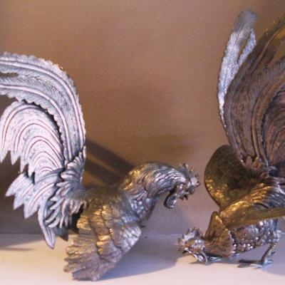 Antique Silver Plated Bronze Pair ''Fighting'' Roosters Large Table Ornament