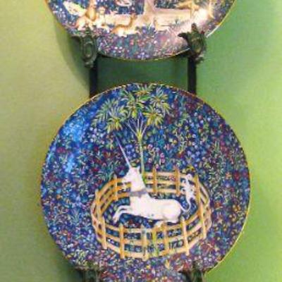 Robert Haviland and C. Parlon, Transfer Print on Porcelain Hunt of the Unicorn Tapestry / Plates Set with Holder