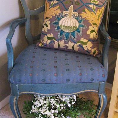 Unique Vintage Blue / Matte Gold Upholstered Arm Chair
