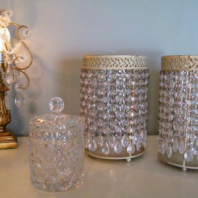 Crystal Fringe Candle Holders / Vintage Gold Crystal Lamp / Crystal Vanity dish