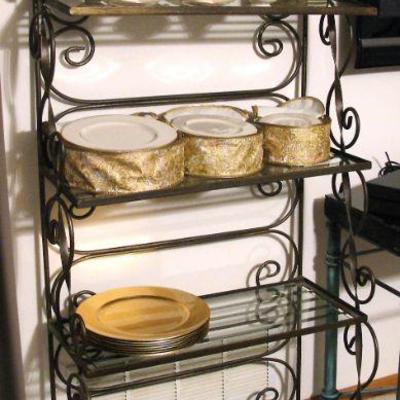 4 Tier Wrought Iron Shelf / Lenox Dishes Set with Storage Bags