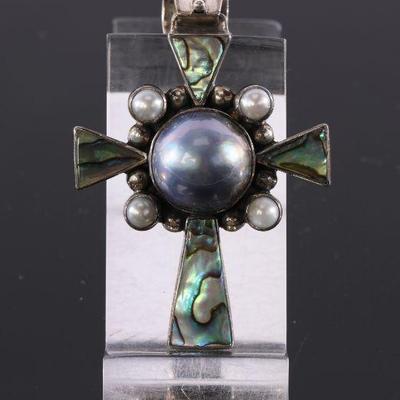 Abalone, sterling, pearl cross pendant