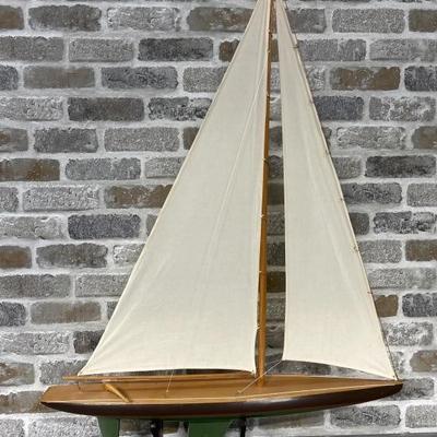 Wooden Sailboat Model w/ Canvas Sails on Stand
