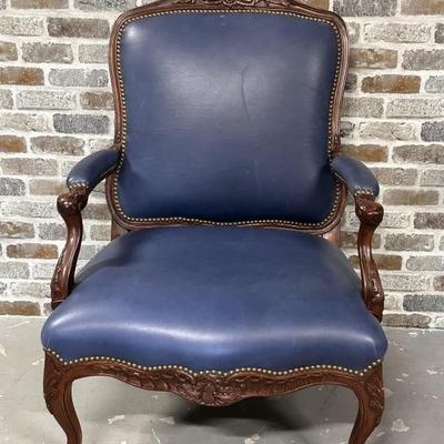Italian Rococo Carved Wood & Blue Leather Armchair
