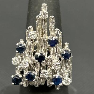 Platinum w/ White & Blue Sapphires Ring, Size 7