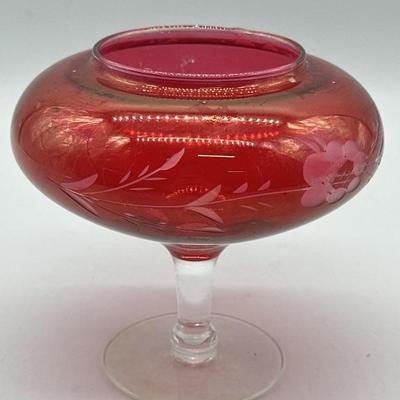 Vintage Etched Ruby Red Footed Vase