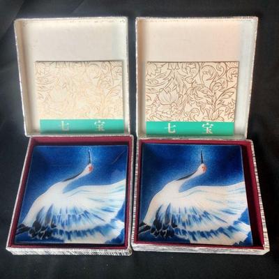 Pair circa 1970s Japanese Cloisonne Crane Trays