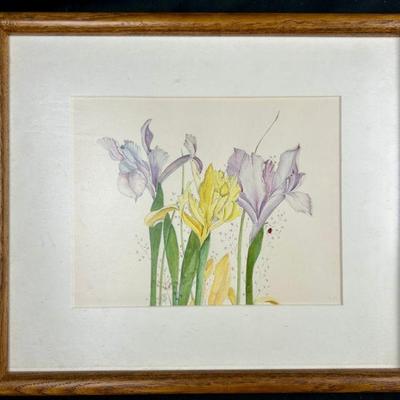 Original Watercolor Iris & Ladybug