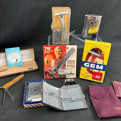 Vintage Lighters, Razors, Cross Pen, Knife