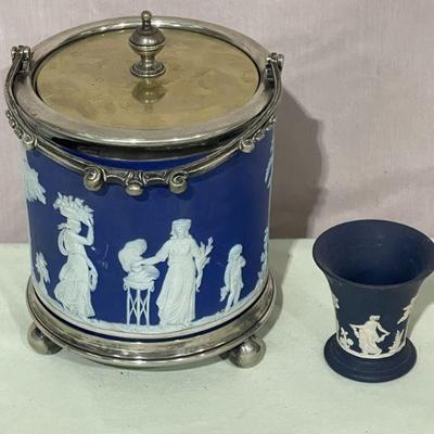 Jasperware by Wedgwood dark blue footed biscuit jar and small glass