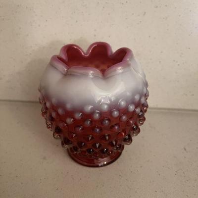 Cranberry Opalescent Fenton Hobnail Rose Bowl vase