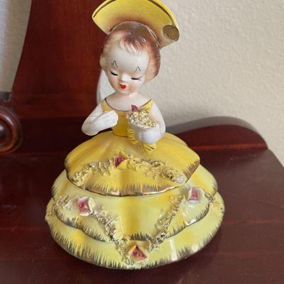 vintage Ucagco ceramic girl yellow dress trinket box 5"