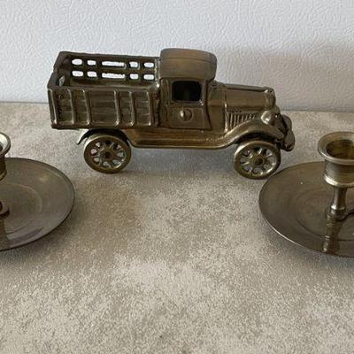 brass truck & pair of candle holders