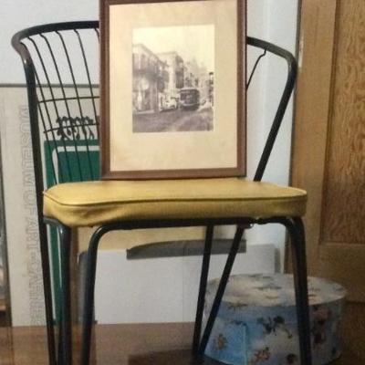 Mid century black chair, framed photograph