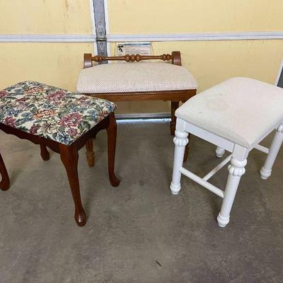 Lot 041-G: Bench Trio

Features: 
â€¢	Lexington oak bench 
â€¢	Cherry finish bench with floral upholstery
â€¢	White bench with white...