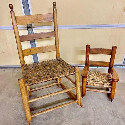 Lot 039-G: Rocking Chair Duo

Features: 
â€¢	Antique nursing chair with rattan seat
â€¢	Doll or small childâ€™s rocking chair with rattan...