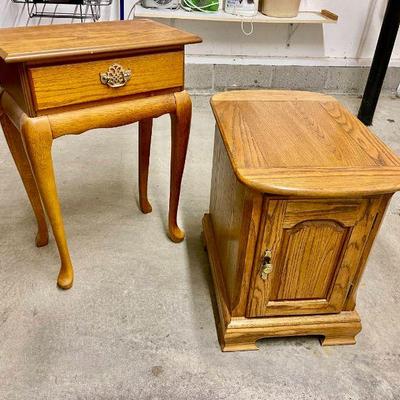 Lot 048-G: Oak Finish Side Table Duo

Features: 
â€¢	Table with drawer: 21â€W x 12â€D x 29â€H
â€¢	Table with storage cubby: 16â€W x...