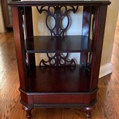 Beautiful Bombay Accent Table with Drawer, measures 17 x 18.5 x 26 inches.
