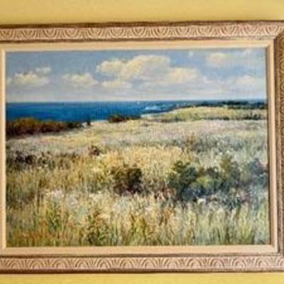 Gorgeous Framed Original Oil Painting by Sang M. Lee depicting a beautiful seaside scenic view. 

Measures 47