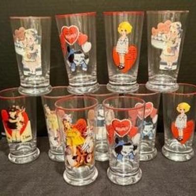 11 Vintage Valentine Motif Glasses, each measures 6 inches tall.