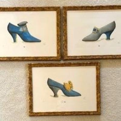 Trio of Framed Fancy Shoe Prints by J. Kerry. Each measures 11 x 15 inches. Lovely decor! 