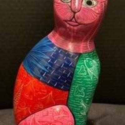 Mexican Pottery Cat Figurine, measures 12 inches tall. Fun decor! 