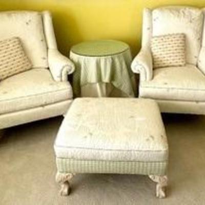 Pair of Jessica Charles Furniture High Back Upholstered Chairs and Ottoman in a fun, whimsical subtle fabric with small green...