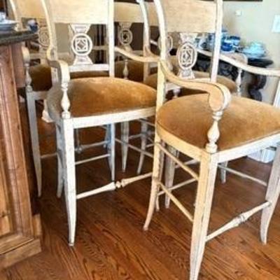 Five Fabulous Bar Height Stools by Woodbridge, each measures 49 inches tall and 31 inches tall to the seat.