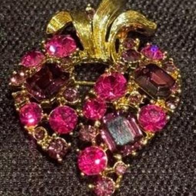 Pretty Pink and Purple Stoned Heart Brooch that measures 1.5 x 2 inches. The colors are so vibrant! 