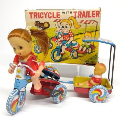 Japan Wind-up Tricycle with Trailer Toy & Box