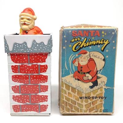 Japan Santa in Chimney Wind-up Tin Toy w/ Box