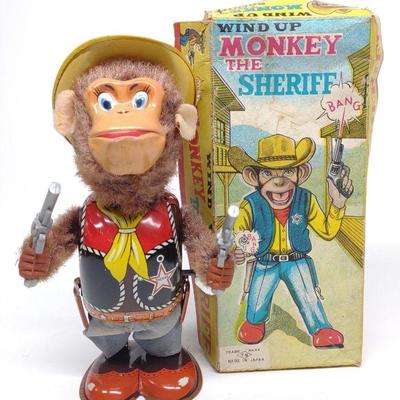 Japan Wind-up Monkey the Sheriff Toy w/ Box (TN)