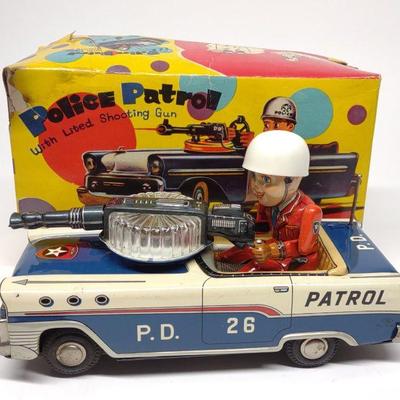 Japan Battery Op Police Patrol Tin Toy w/ Box