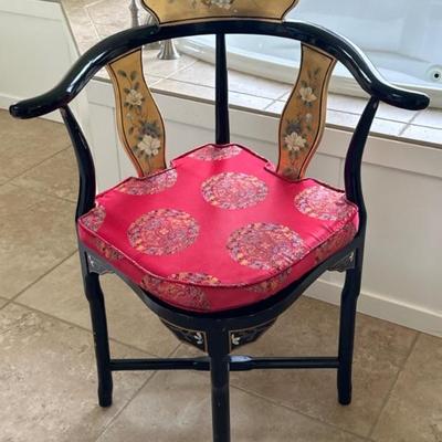	Asian Chinoiserie Black Lacquered & Gilt Corner Chair