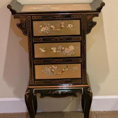 Oriental Lacquered & Gilt Nightstand/Small 3 Drawer Side Table
