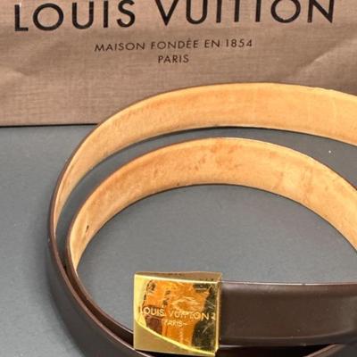 	LOUIS VUITTON Ceinture Carre Buckle Gold & Brown Leather Belt LB0052 Vintage