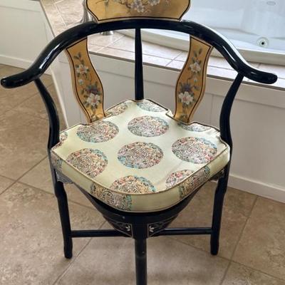 	Asian Chinoiserie Black Lacquered & Gilt Corner Chair