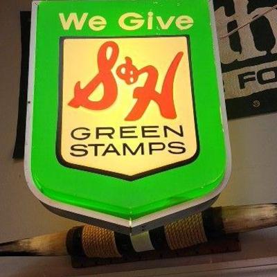 Large Vintage S & H Green Stamp two-sided light up advertising sign. Perfect Condition.