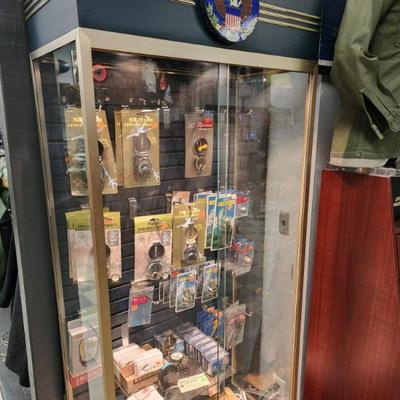 Patriotic Display Case w/ Assortment Of Military Surplus Items