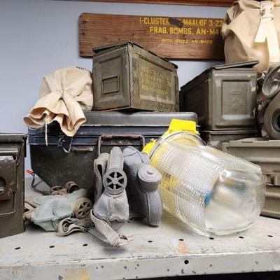 Vintage Ammo Boxes and Gas Masks