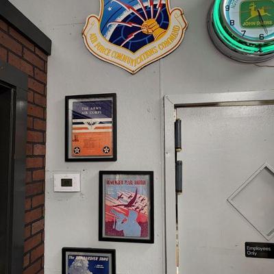 Small Framed Military Posters, Air Force Metal Sign, John Deer Neon Clock