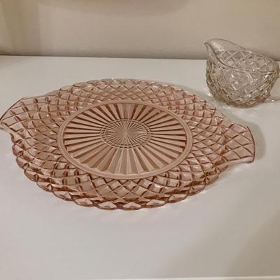 Pink Waterford Waffle Depression Glass Platter & Creamer sold separately 