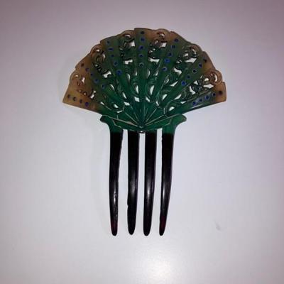 Vintage Hair Comb - Faux Tortoise, Green & Black, Rhinestones