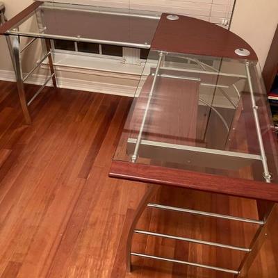 "L" Shaped Modern Desk w/Pullout keyboard tray.  61.5" X 61.5" x 24" deep x 30"H.  Tempered Glass Top...