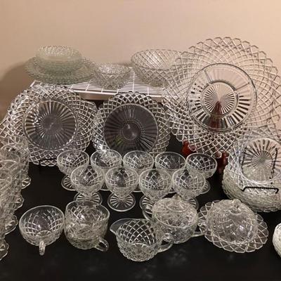 Waterford "Waffle" Clear Glass Anchor Hocking Depression Glass 46 pieces incl dinner settings & serving pieces